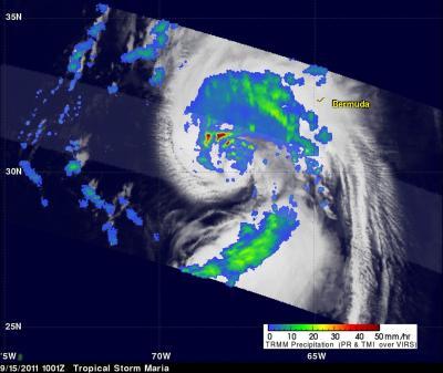 NASA's TRMM satellite reveals heaviest rainfall in Maria's northwestern quadrant NASA's TRMM satellite reveals heaviest rainfall in Maria's northwestern quadrant